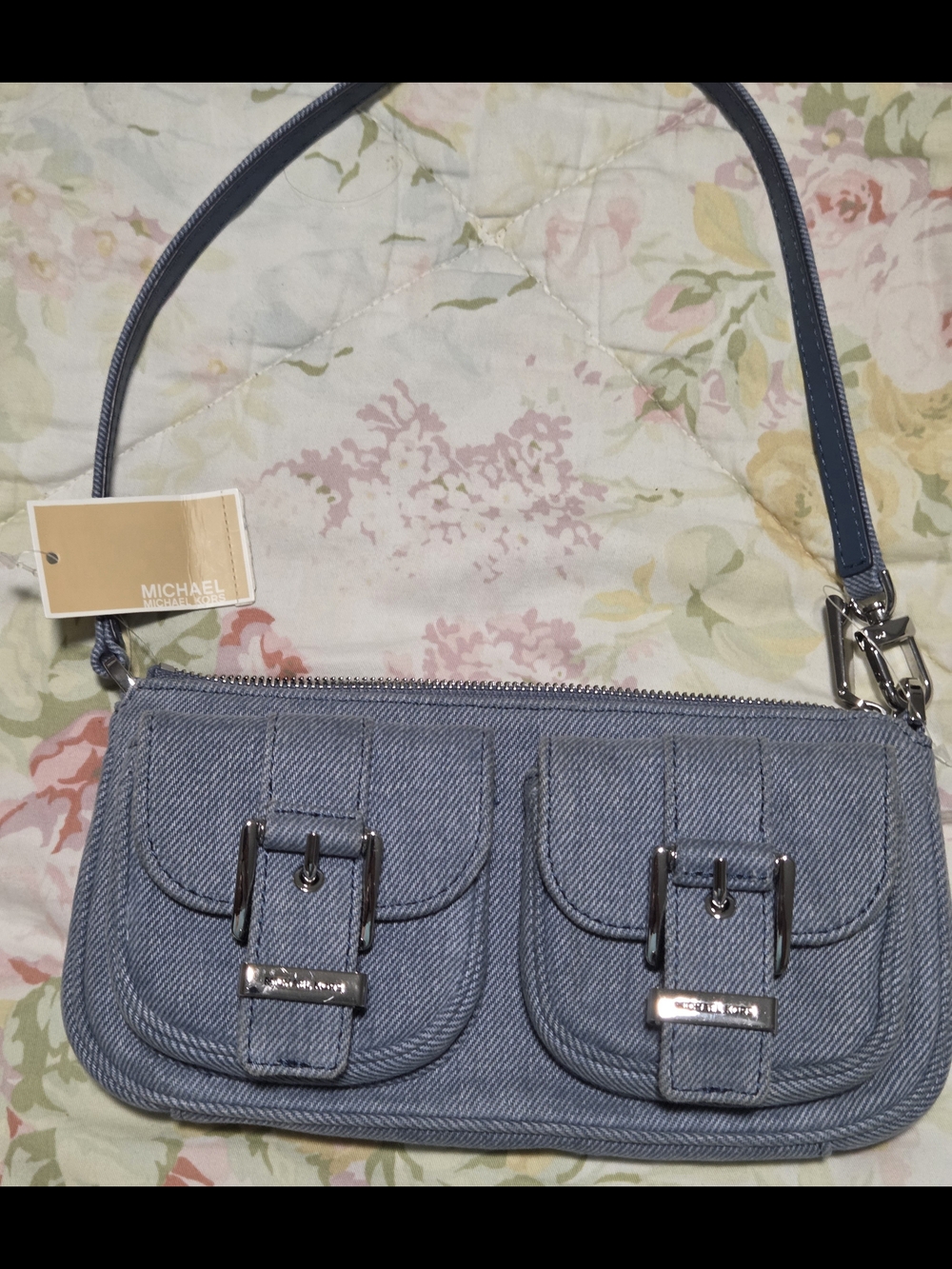 Michael Kors Light Blue  Denim Double Pocket Shoulder Bag with Silver Hardware